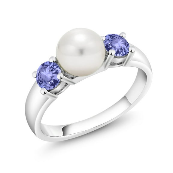 Gem Stone King 925 Sterling Silver Freshwater Pearl and Blue Tanzanite Ring for Women (0.76 Cttw, Gemstone December Birthstone, Size 9)