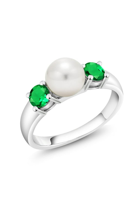 925 Sterling Silver Freshwater Pearl and Green Nano Emerald Ring for Women (0.80 Cttw, Gemstone May Birthstone, Size 8)