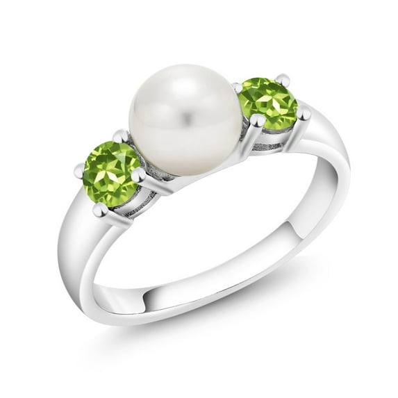Gem Stone King 925 Sterling Silver Freshwater Pearl and Green Peridot Ring for Women (0.90 Cttw, Gemstone August Birthstone, Size 6)