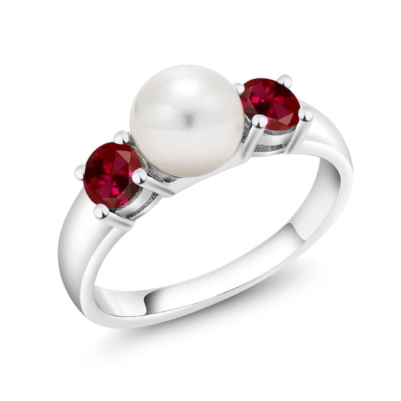 Gem Stone King 925 Sterling Silver Freshwater Pearl and Red Created Ruby Ring for Women | 0.80 Cttw | Gemstone July Birthstone | Wedding Engagement Anniversary Promise Ring for Women | Size 6