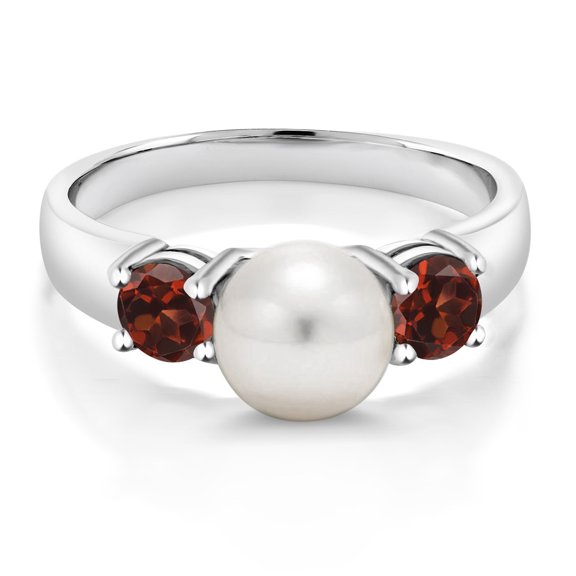 Gem Stone King 925 Sterling Silver Freshwater Pearl and Red Garnet Ring for Women | 0.80 Cttw | Gemstone January Birthstone | Wedding Engagement Anniversary Promise Ring for Women | Size 6