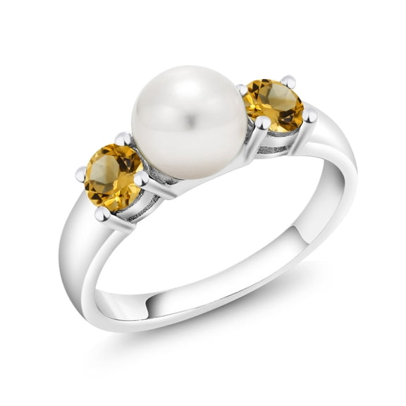 Gem Stone King Freshwater Pearl and Yellow Citrine Ring for Women | 925 Sterling Silver | 0.64 Cttw | Gemstone November Birthstone | Wedding Engagement Anniversary Promise Ring for Women| Size 6