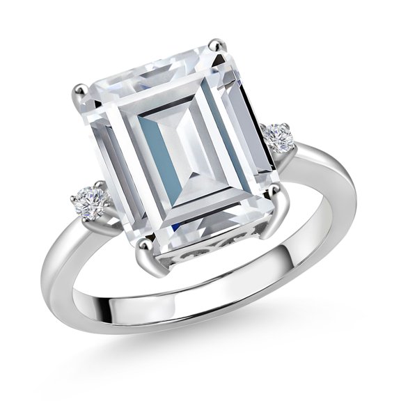 Gem Stone King 925 Sterling Silver White Moissanite and Lab Grown Diamond Engagement Ring for Women | 7.46 Cttw | Emerald Cut 12X10MM | April Birthstone | Size 9