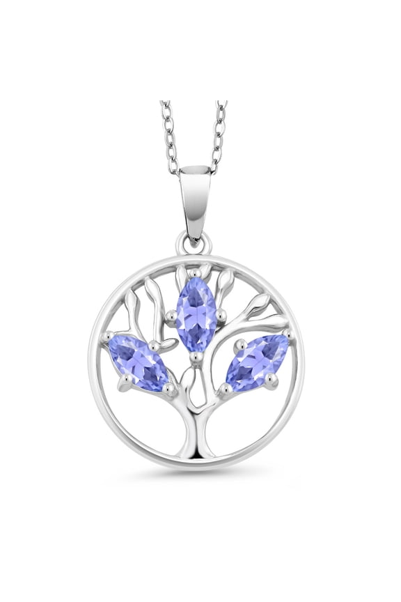 925 Sterling Silver Gemstone Birthstone Marquise Tree of Life Pendant Necklace for Women With 18 inch Silver Chain