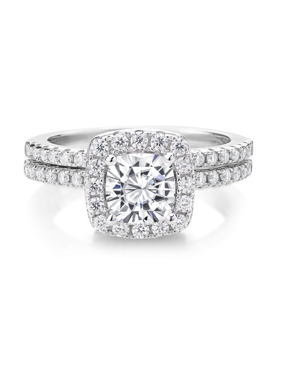 925 Sterling Silver Gemstone Birthstone Wedding Engagement Ring Band Bridal Set for Women | Cushion Cut 6MM with Round 1.3MM Accents | Elegant Halo Design | Sizes 5-9