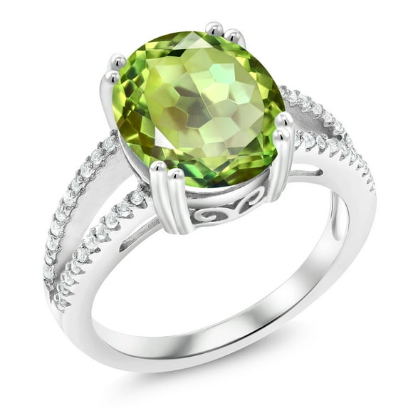 Gem Stone King 925 Sterling Silver Green Apple Mystic Quartz Ring for Women (5.31 Cttw, Oval 12X10MM, Gemstone Birthstone, Size 7)