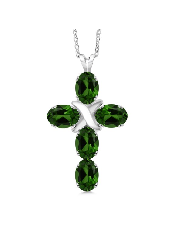 925 Sterling Silver Green Chrome Diopside Cross Pendant Necklace for Women (2.75 Cttw, Gemstone, Oval 6X4MM, With 18 inch Silver Chain)