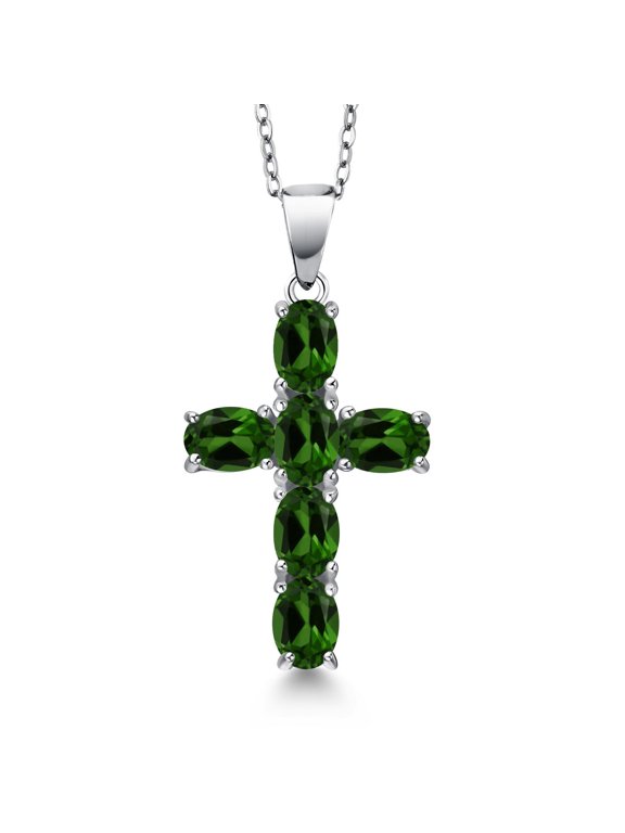925 Sterling Silver Green Chrome Diopside Cross Pendant Necklace for Women | 3.30 Cttw | Gemstone Birthstone | Oval 6X4MM | With 18 inch Chain