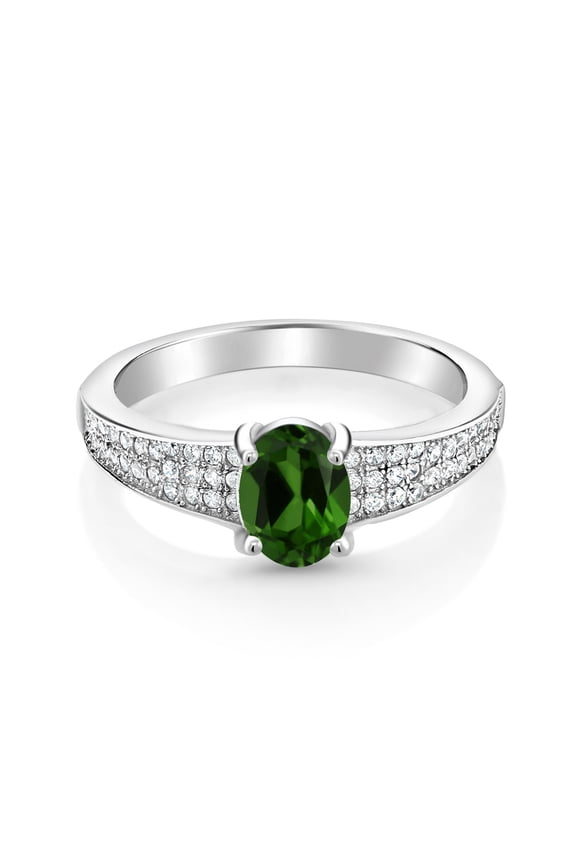 925 Sterling Silver Green Chrome Diopside Engagement Ring for Women (1.68 Cttw, Oval 8X6MM, Gemstone Birthstone, Size 7)
