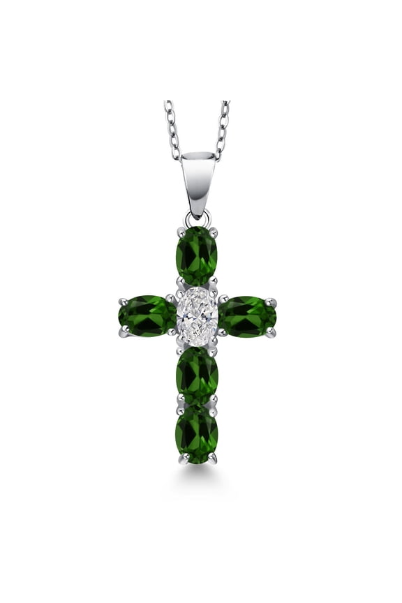 925 Sterling Silver Green Chrome Diopside and Lab Grown Diamond Cross Pendant Necklace for Women | 3.15 Cttw | Gemstone Birthstone | Oval 6X4MM | With 18 inch Chain