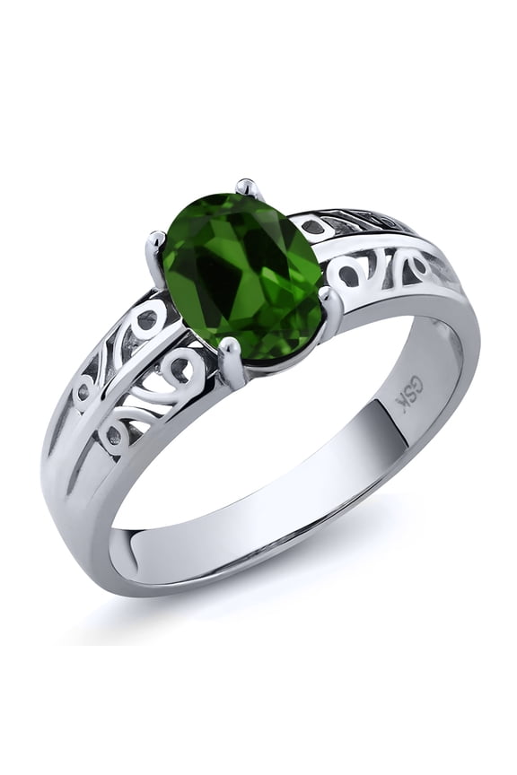 925 Sterling Silver Green Chrome Diopside Ring for Women (1.20 Cttw, Oval 8X6MM, Size 6)