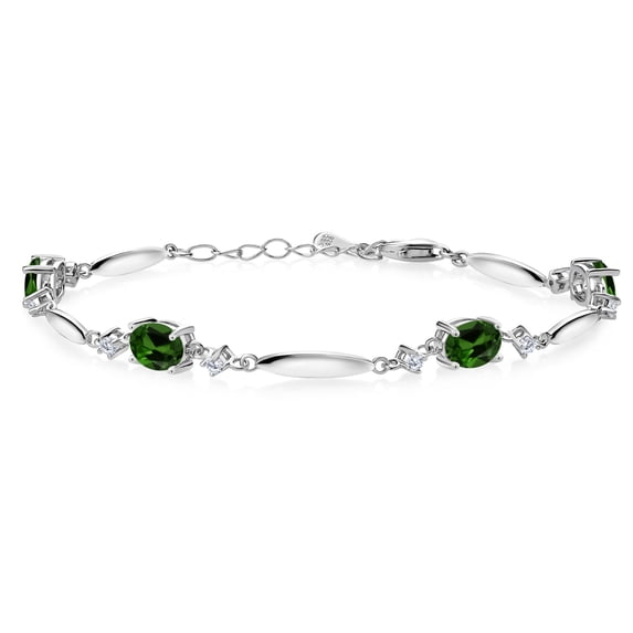 Gem Stone King 925 Sterling Silver Green Chrome Diopside and White Lab Grown Diamond Tennis Bracelet for Women | 3.10 Cttw | Gemstone | Oval 7X5MM | 6 inch + 1 inch Extender