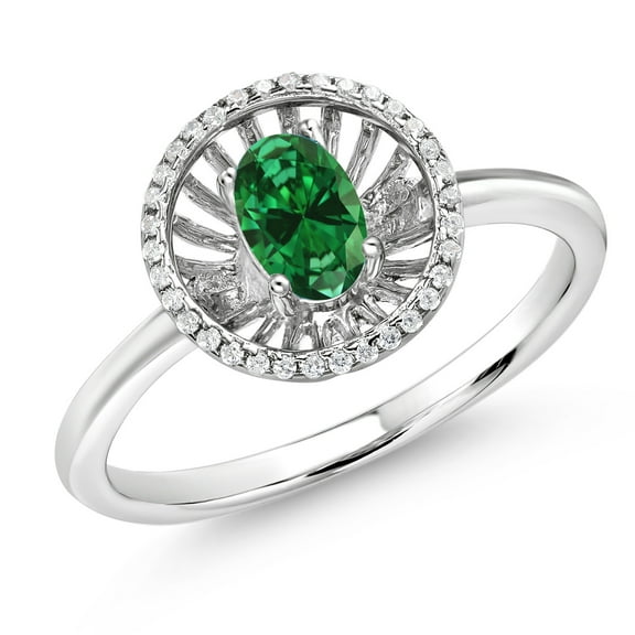 Gem Stone King 925 Sterling Silver Green Created Emerald Ring for Women (0.83 Cttw, Oval 6X4MM, Gemstone May Birthstone, Size 9)