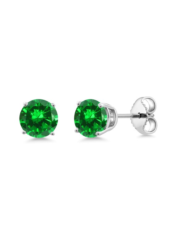 925 Sterling Silver Green Created Emerald Stud Earrings for Women Men (1.68 Cttw, Round 5MM)