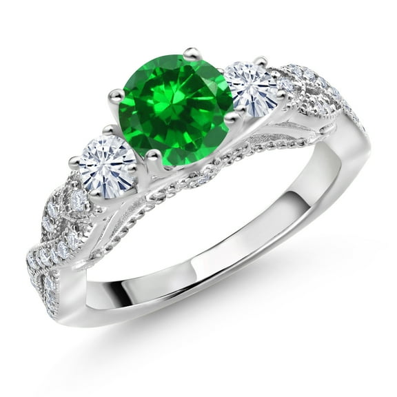 Gem Stone King 925 Sterling Silver Green Created Emerald and White Moissanite Engagement Ring for Women (1.47 Cttw, Gemstone May Birthstone, Round 6MM and 3MM, Size 8)