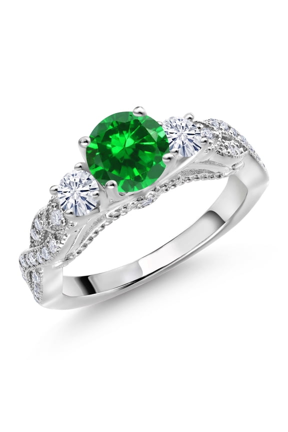 925 Sterling Silver Green Created Emerald and White Moissanite Engagement Ring for Women (1.47 Cttw, Gemstone May Birthstone, Round 6MM and 3MM, Size 8)