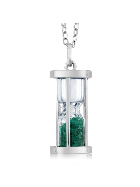 925 Sterling Silver Green Emerald Dust Hourglass Pendant Necklace for Women | 3/4 Ct Gemstone Birthstone Sand Timer Necklace | Fine Jewelry Gift for Her Mom Wife | 18 inch Silver Chain