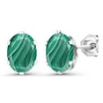 thumbnail image 1 of Gem Stone King 925 Sterling Silver Green Malachite 6-Prongs Stud Earrings for Women Men (4.00 Cttw, Gemstone Birthstone, Oval 8X6MM), 1 of 4