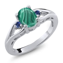 Gem Stone King 925 Sterling Silver Green Malachite and Blue Created Sapphire 3 Stone Engagement Ring for Women | 2.09 Cttw | Oval 8X6MM | Round 2MM | Gemstone Birthstone | Size 5