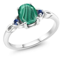 Gem Stone King 925 Sterling Silver Green Malachite and Blue Created Sapphire 3-Stone Rings for Women (2.09 Cttw, Gemstone, Oval 8X6MM, Size 6)