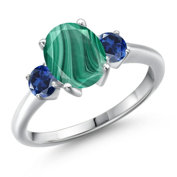 Gem Stone King 925 Sterling Silver Green Malachite and Blue Created Sapphire Engagement Ring for Women | 3.00 Cttw | Oval 9X7MM | Gemstone Birthstone | Size 8