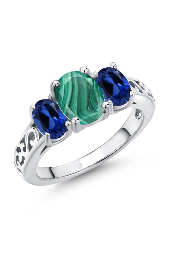 925 Sterling Silver Green Malachite and Blue Created Sapphire Filigree Style 3 Stone Ring for Women (3.20 Cttw, Oval 8X6MM and 6X4MM) (Size 8)