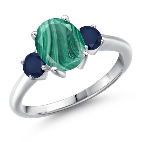 Gem Stone King 925 Sterling Silver Green Malachite and Blue Sapphire Engagement Ring for Women | 3.20 Cttw | Oval 9X7MM | Gemstone Birthstone | Size 5
