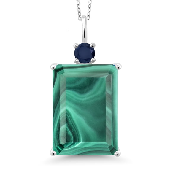 Gem Stone King 925 Sterling Silver Green Malachite and Blue Sapphire Pendant Necklace for Women (18.35 Cttw, Emerald Cut 18X13MM, With 18 inch Silver Chain)