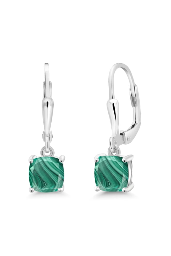 925 Sterling Silver Green Malachite Dangle Earrings for Women (3.00 Cttw, Gemstone Birthstone, Cushion 6MM)