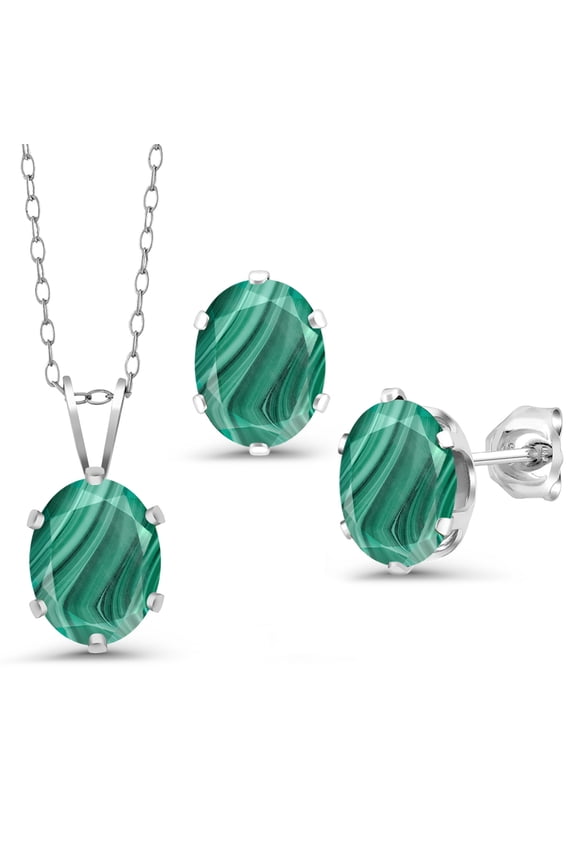 925 Sterling Silver Green Malachite Pendant Earrings Set for Women (6.00 Cttw, Gemstone Birthstone, Oval 8X6MM, With 18 inch Chain)