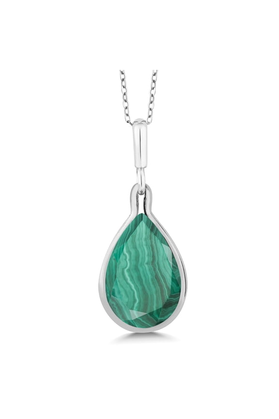 925 Sterling Silver Green Malachite Pendant Necklace for Women (10.00 Cttw, Pear Shape 16X12MM, with 18 inch Chain)