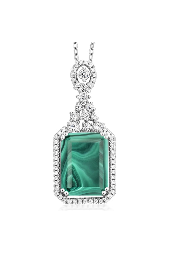 925 Sterling Silver Green Malachite Pendant Necklace for Women (10.60 Cttw, Emerald Cut 14X10MM, with 18 inch Silver Chain)