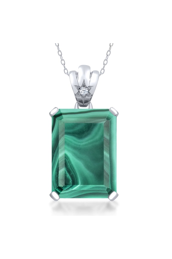 925 Sterling Silver Green Malachite Pendant Necklace for Women (18.05 Ct Emerald Cut18X13MM, with 18 inch Chain)