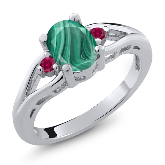 Gem Stone King 925 Sterling Silver Green Malachite and Red Created Ruby 3 Stone Engagement Ring for Women | 2.10 Cttw | Oval 8X6MM | Round 2MM | Gemstone Birthstone | Size 7