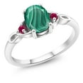 thumbnail image 1 of Gem Stone King 925 Sterling Silver Green Malachite and Red Created Ruby 3-Stone Rings for Women (2.10 Cttw, Gemstone, Oval 8X6MM, Size 9), 1 of 4