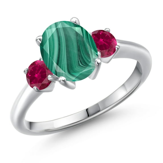 Gem Stone King 925 Sterling Silver Green Malachite and Red Created Ruby Engagement Ring for Women | 3.00 Cttw | Oval 9X7MM | Gemstone Birthstone | Size 6