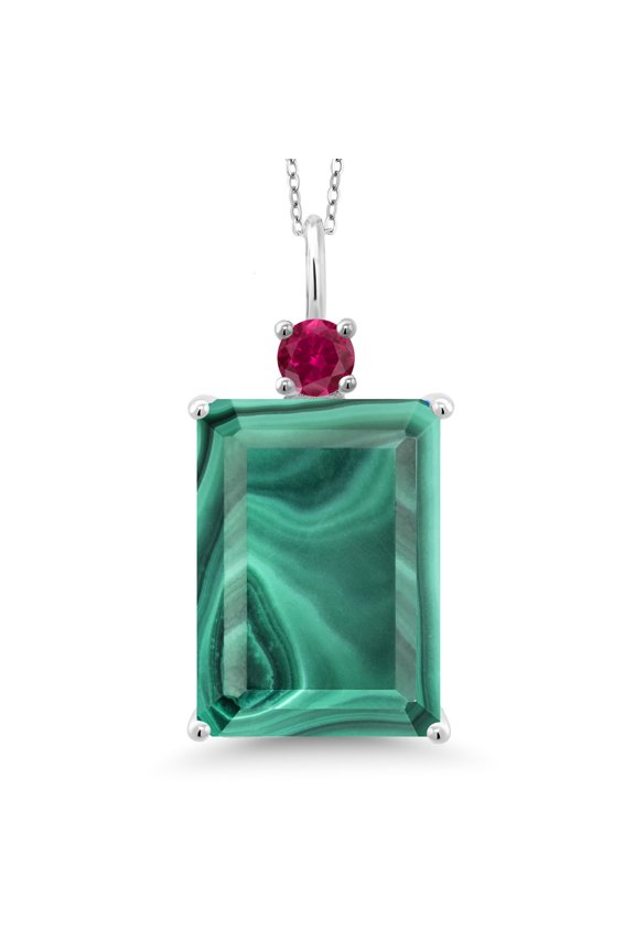 925 Sterling Silver Green Malachite and Red Created Ruby Pendant Necklace for Women (18.25 Cttw, Emerald Cut 18X13MM, With 18 inch Silver Chain)