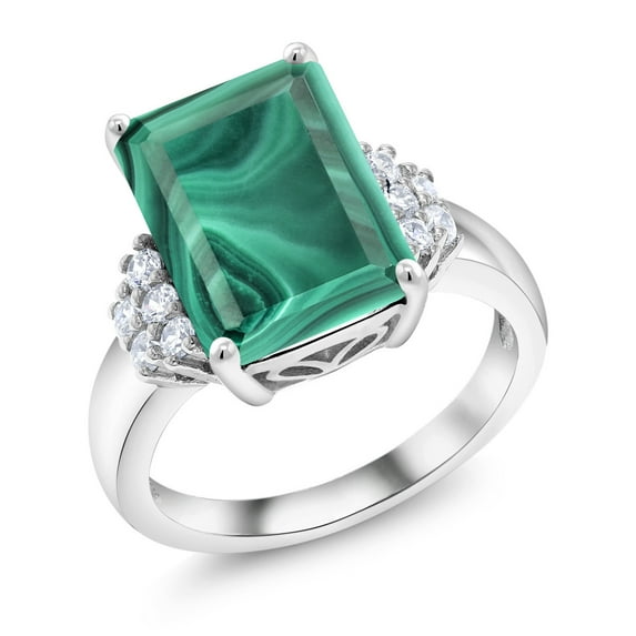 Gem Stone King 925 Sterling Silver Green Malachite Ring for Women (10.30 Cttw, Gemstone Birthstone, Emerald Cut 14X10MM, Available in Size 5, 6, 7, 8, 9)