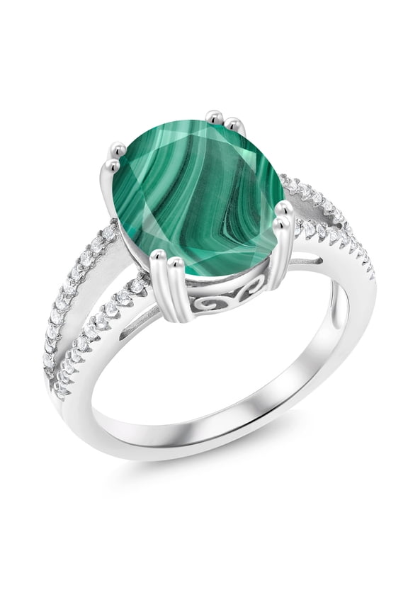 925 Sterling Silver Green Malachite Ring for Women (6.48 Cttw, Oval 12X10MM, Gemstone Birthstone, Available in Size 5, 6, 7, 8, 9)