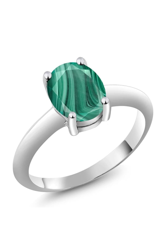 925 Sterling Silver Green Malachite Solitaire Engagement Ring for Women | 2.50 Cttw | Oval 9X7MM | Gemstone Birthstone | Size 6