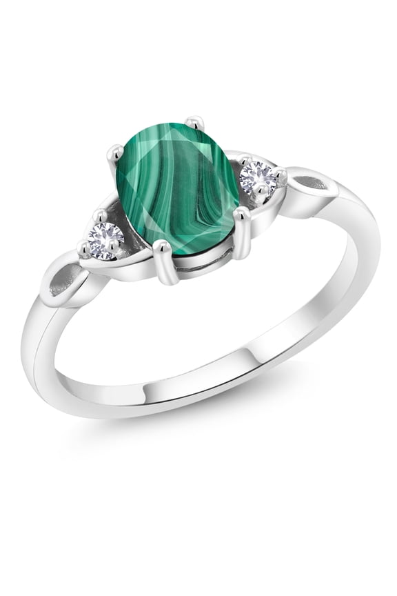 925 Sterling Silver Green Malachite and White Created Sapphire 3-Stone Rings for Women (2.08 Cttw, Gemstone, Oval 8X6MM, Available in Size 5, 6, 7, 8, 9)