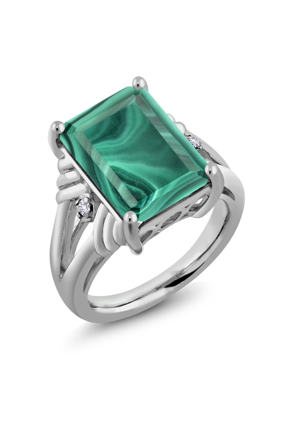 10.03 Cttw Green Malachite and White Created Sapphire Engagement Ring for Women | 925 Sterling Silver | Emerald Cut 14X10MM | Wedding Engagement Anniversary Promise Ring | Size 8