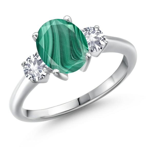 Gem Stone King 925 Sterling Silver Green Malachite and White Created Sapphire Engagement Ring for Women | 3.00 Cttw | Oval 9X7MM | Gemstone Birthstone | Size 6