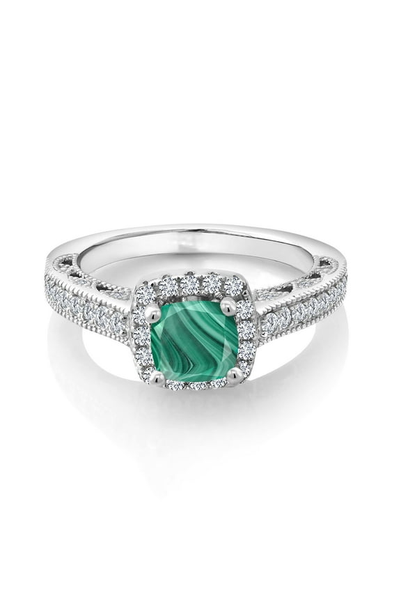925 Sterling Silver Green Malachite and White Created Sapphire Ring for Women (2.08 Cttw, Cushion 6MM, Gemstone Birthstone, Available in Size 5, 6, 7, 8, 9)