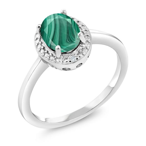 Gem Stone King 925 Sterling Silver Green Malachite and White Diamond Engagement Ring for Women (2.01 Cttw, Gemstone Birthstone, Oval 8X6MM, Available in Size 5, 6, 7, 8, 9)