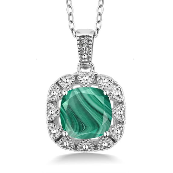 Gem Stone King 925 Sterling Silver Green Malachite and White Diamond Pendant Necklace for Women (3.01 Cttw, Gemstone Birthstone, Cushion 8MM, with 18 inch Chain)