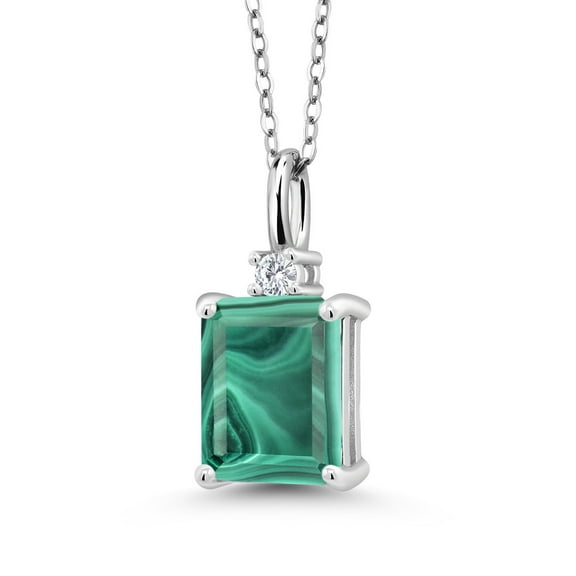 Gem Stone King 925 Sterling Silver Green Malachite and White Lab Grown Diamond Pendant Necklace for Women | 3.54 Cttw | Gemstone Birthstone | Emerald Cut 9X7MM | With 18 inch Silver Chain