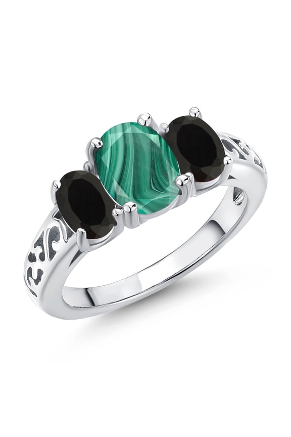 925 Sterling Silver Green Malachite and Black Onyx Filigree Style 3 Stone Ring for Women (2.80 Cttw, Oval 8X6MM and 6X4MM, Size 7) (Size 7)