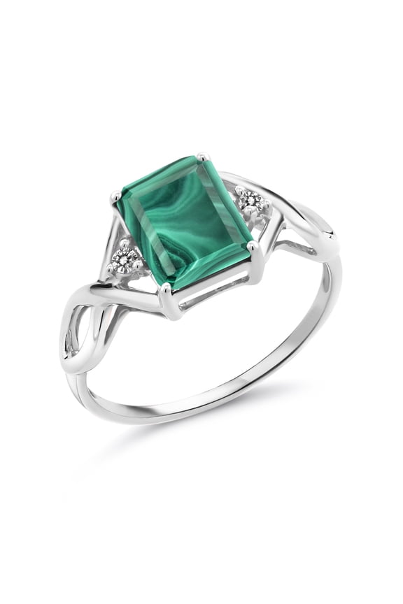 925 Sterling Silver Green Malachite and White Diamond Ring for Women (3.57 Cttw, Emerald Cut 9X7MM, Size 7)