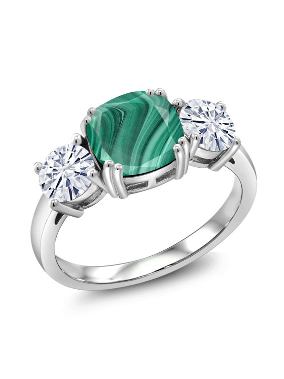 925 Sterling Silver Green Malachite and White Moissanite 3 Stone Engagement Ring for Women (4.00 Cttw, Gemstone, Cushion 8MM, Size 9)